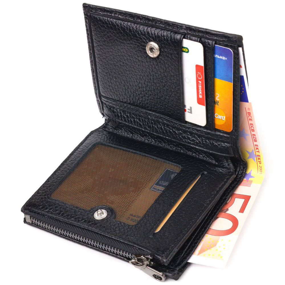 Вертикальный кошелек из натуральной кожи с тиснением под крокодила Черный (CANPELLINI) Киев - изображение 9
