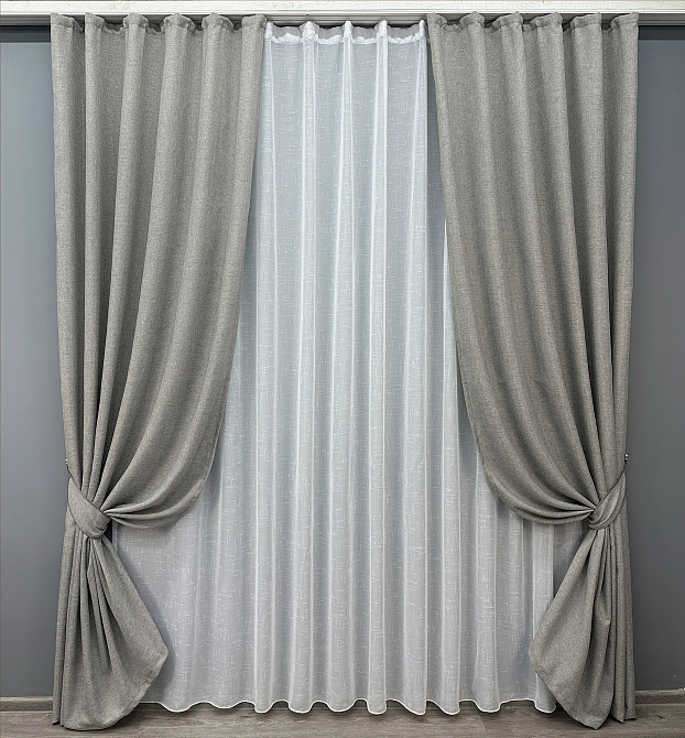 Комплект штор VR-Textil Лен Мешковина 150х270 2шт и Тюль 400х270 1016ш-115т Светло-серый с белым 71-026/3 Киев - изображение 1