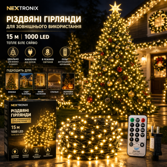 Різдвяна гірлянда Nextronix 15 м 1000 LED теплий білий | Вулична IP44 з пультом, 8 режимів, таймер Київ