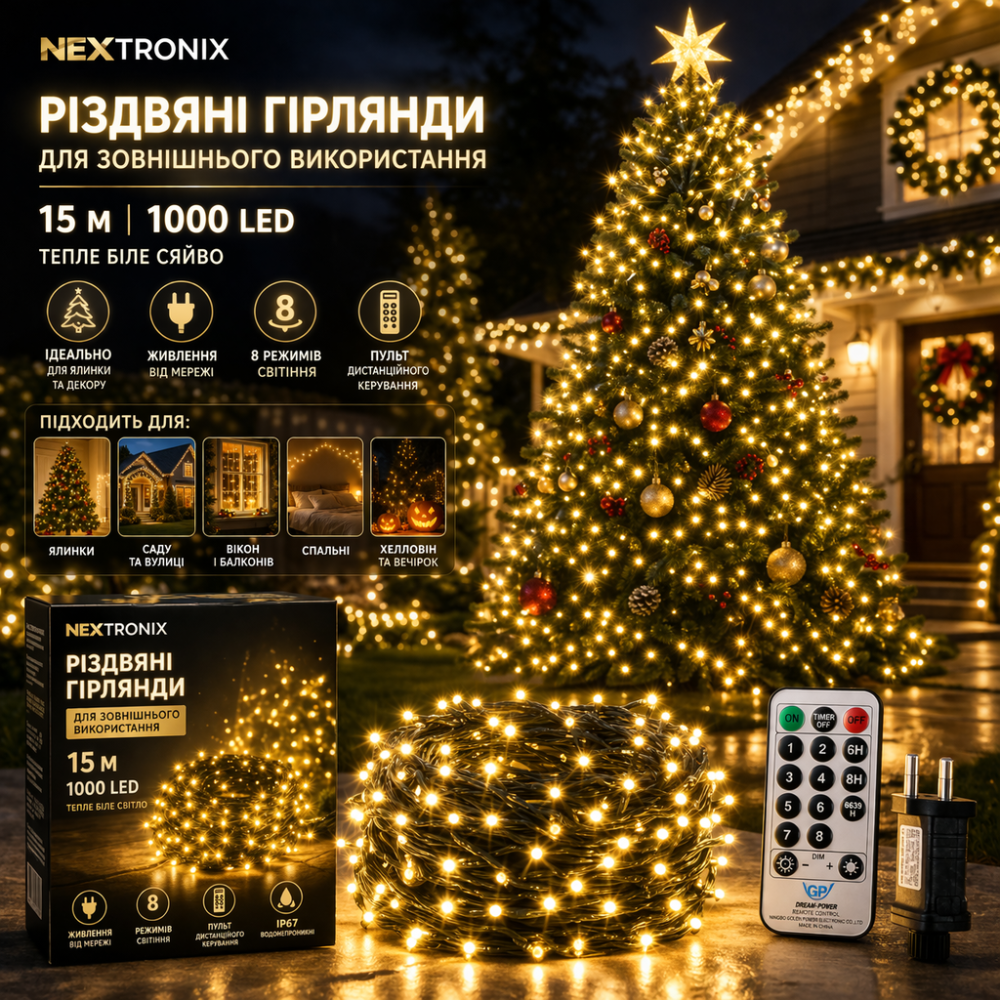 Рождественская гирлянда Nextronix 15 м 1000 LED теплый белый | Уличная IP44 с пультом, 8 режимов, таймер Киев - изображение 1