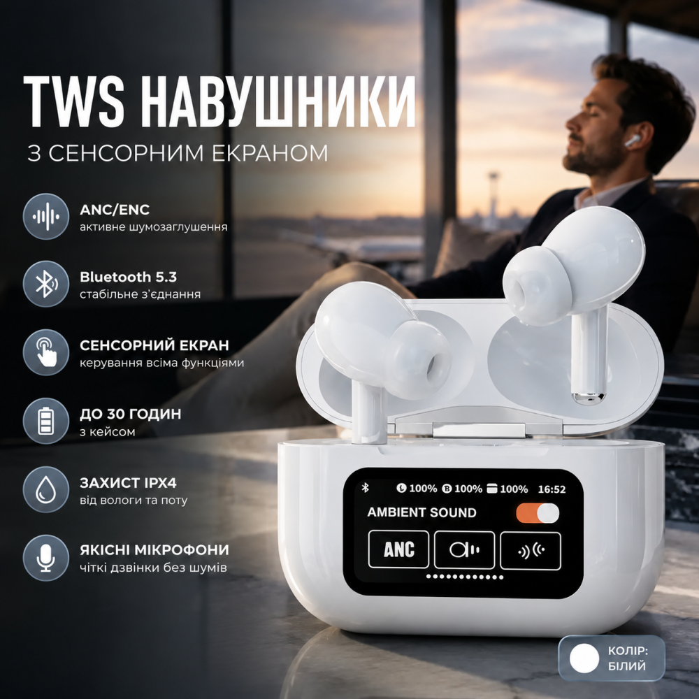 Беспроводные наушники TWS Touch Screen с сенсорным экраном, ANC/ENC шумоподавлением и Bluetooth 5.3, White (Белые) Киев - изображение 8
