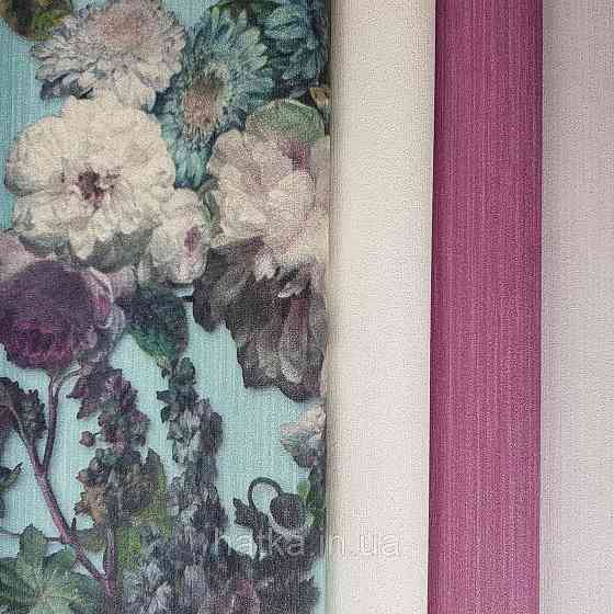 Шпалери метрові вінілові на флізелін дизайнерські Erismann Elle квіти листя сині бузкові на блакитному Київ