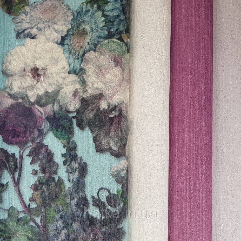 Шпалери метрові вінілові на флізелін дизайнерські Erismann Elle квіти листя сині бузкові на блакитному Київ - фото 2