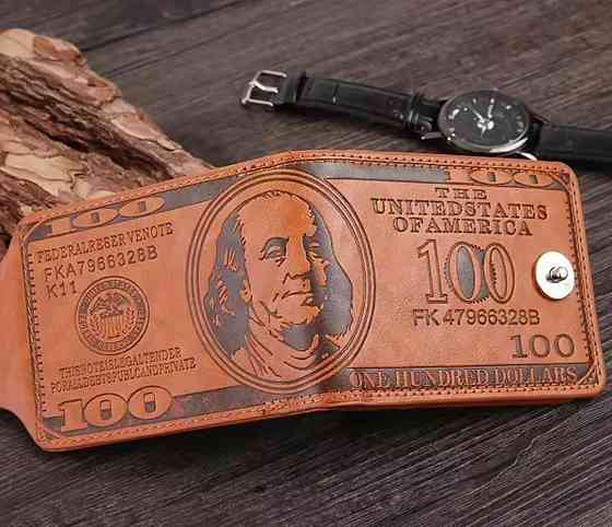 Кошелек мужской гравировка 100 долларов PU кожа 11,5 на 8,5 коричневый Киев