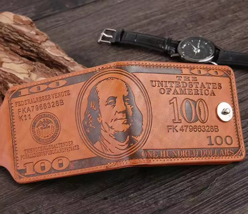 Кошелек мужской гравировка 100 долларов PU кожа 11,5 на 8,5 коричневый Киев - изображение 2
