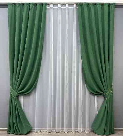 Комплект штор VR-Textil Мікровелюр Petek 150х270 2шт і Тюль 600х270 1709ш-1153т Зелений з білим 71-032/5 Київ