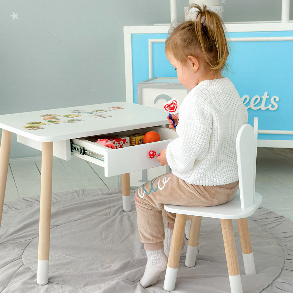 Стол прямоугольный с ящиком 46х60х45 и стул ушка кролика 26х26х24, столик и стульчик в детскую, белый Каменское - изображение 2
