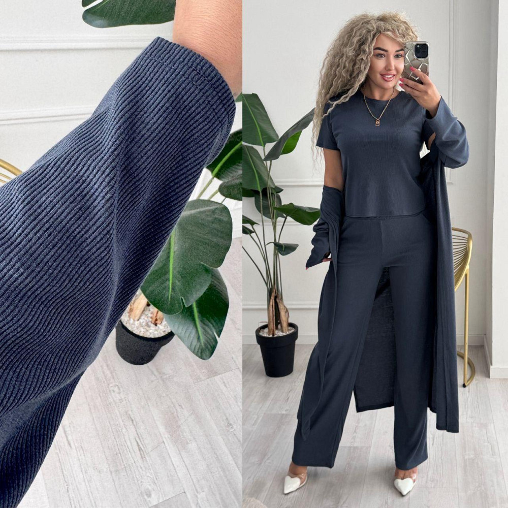 Женский базовый прогулочный костюм тройка: кардиган футболка и штаны трикотажный рубчик Графит, 42/44 Одесса - изображение 7