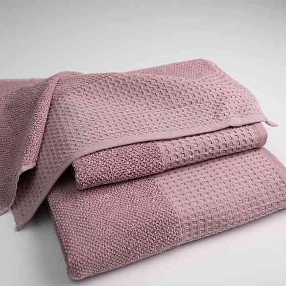Комплект махрових рушників Вафельний Бордюр 3шт GM Textile 50х90см, 50х90см, 70х140см 450г/м2 (Пудра) Суми