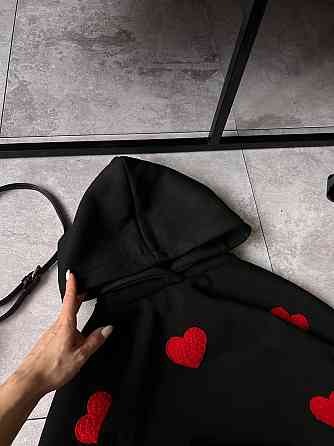 Жіночий теплий прогулянковий костюм-двійка з сердечками тринитка на флісі + ангора рубчик Чорний, 42/44 Одеса