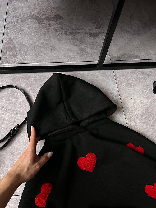 Жіночий теплий прогулянковий костюм-двійка з сердечками тринитка на флісі + ангора рубчик Чорний, 42/44 Одеса - фото 3