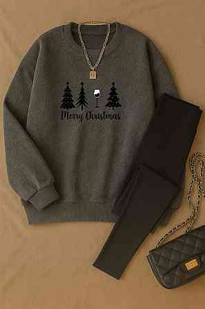 Жіночий теплий костюм-двійка з новорічним принтом двосторонній фліс + дайвінг на флісі Графіт, 42/44 Одеса