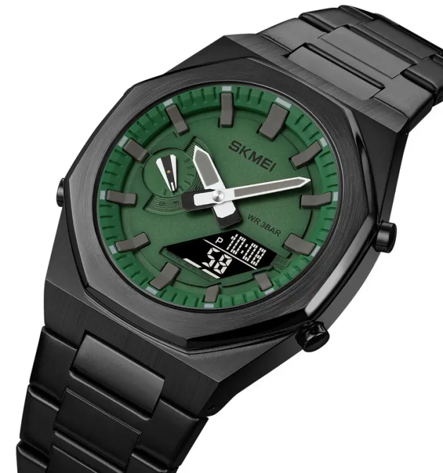 Чоловічий наручний годинник на сталевому браслеті Skmei 1816 (Чорний із зеленим та чорним циферблатом) Вінниця - фото 2