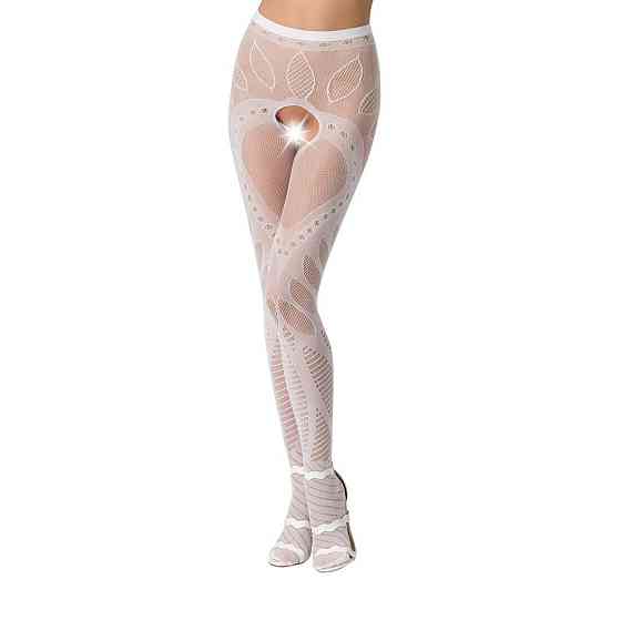 Эротические колготки-бодистокинг Passion S007 white, красивые ажурные колготки с вырезом Sex Aura Киев