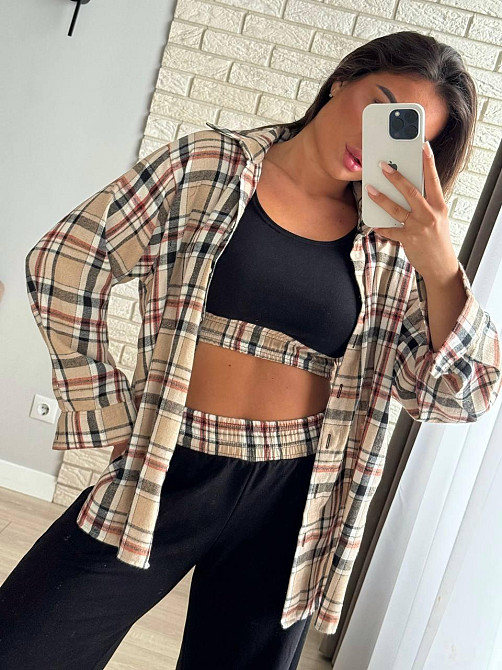 Женский прогулочный костюм тройка: рубашка в клетку топ и штаны фланель + двунитка Одесса - изображение 1