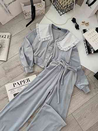 Жіночий плюшевий костюм-двійка: кофта з коміром і штани велюр Блакитний, 46/48 Одеса