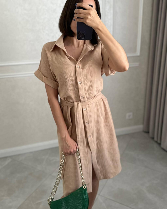 Женское легкое базовое платье халат с поясом на пуговицах турецкий натуральный хлопок - муслин Одесса - изображение 1