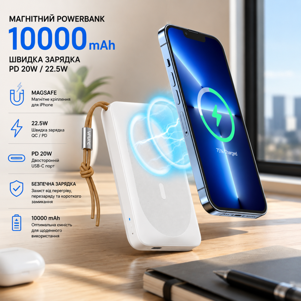 Магнітний PowerBank VRURC 10000 mAh 22.5W, швидка зарядка PD20W, MagSafe, для iPhone, білий Київ - фото 9