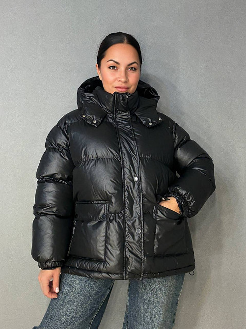 Куртка женская A-N 30046 глянцевая пуффер удлиненная с капюшоном S-M, черный, SM Киев - изображение 13