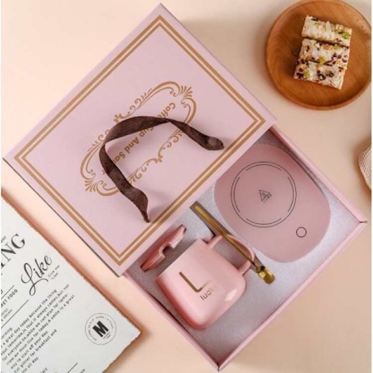 Чашка керамічна на підставці з підігрівом у подарунковій упаковці, в комплекті ложка та кабель, Рожева Одеса - фото 8