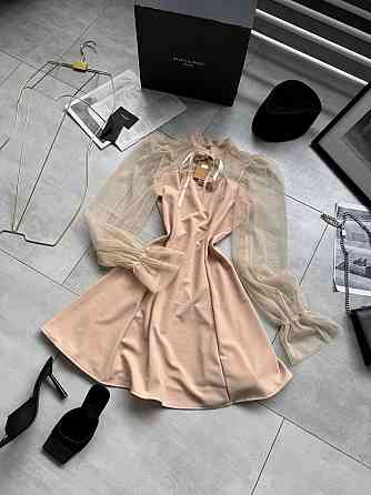 Женское нежное платье с рукавами из сеточки креп дайвинг Бежевый, 42/44 Одесса