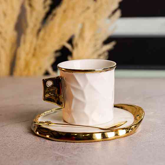 Чашка фарфоровая для кофе 200 (мл) с блюдцем и ложкой,красивая чашка в подарок Белый с золотом FM-1B SBR Киев