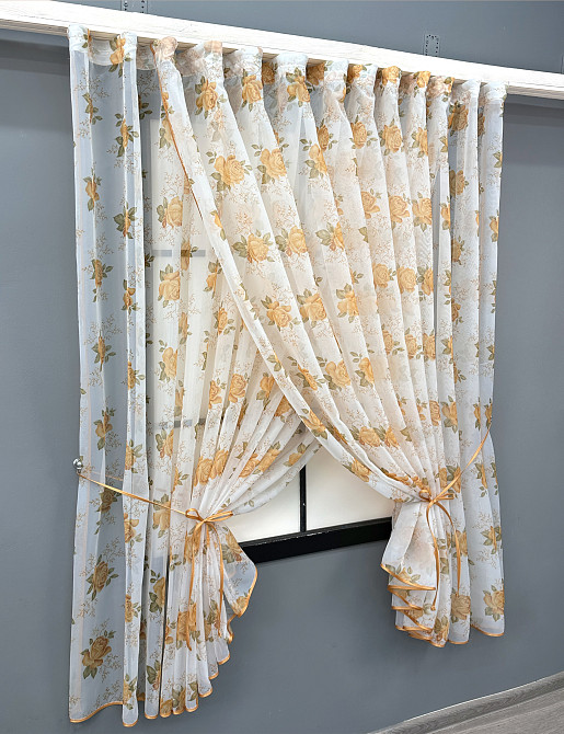 Кухонні шторки VR-Textil № 101к з підв'язками Білий з помаранчевим 320х170 см (52-1209) Київ - фото 2