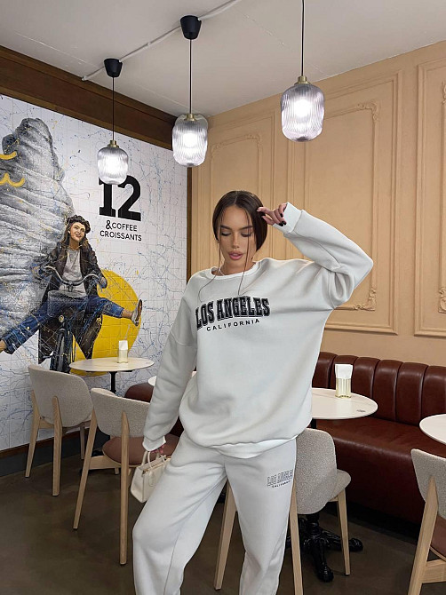 Жіночий теплий оверсайз костюм-двійка з накатом тринитка на флісі + турецька РИБАНА Бежевий, 42/46 Одеса - фото 3