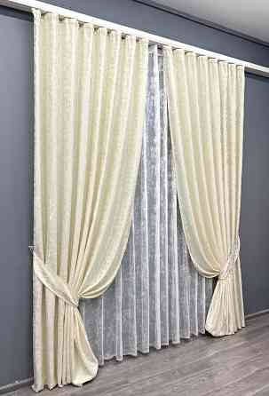 Комплект штор VR-Textil Льон Мармур 150х270 2шт і Тюль 600х270 1908ш-1400т Молочний з білим 71-136/5 Київ