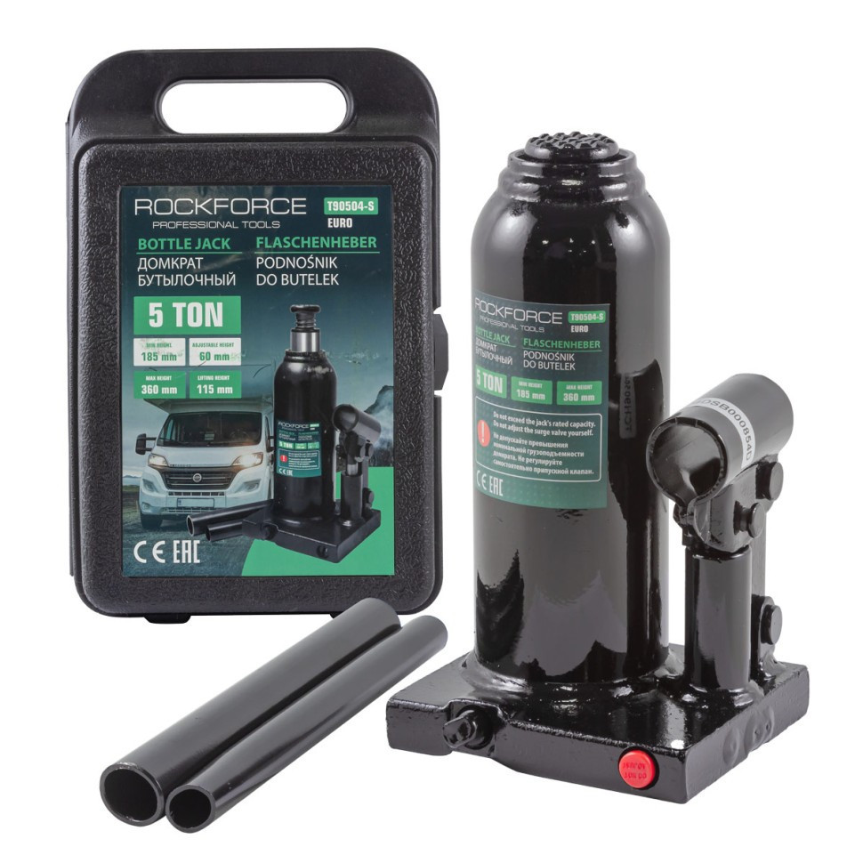Домкрат пляшковий 5т з клапаном (висота підхвату - 185мм, висота підйому - 360мм, хід штока - 115мм) у кейсі ROCKFORCE RF-T90504-S Одеса - фото 1