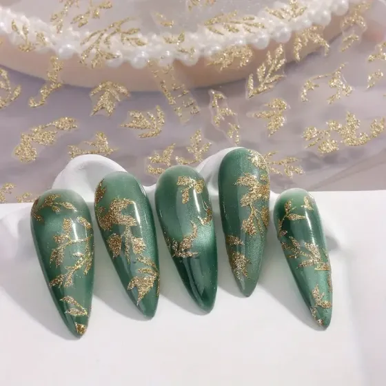 3D золоті наклейки для нігтів – блискучі листочки і гілочки, самоклейний декор для манікюру Київ