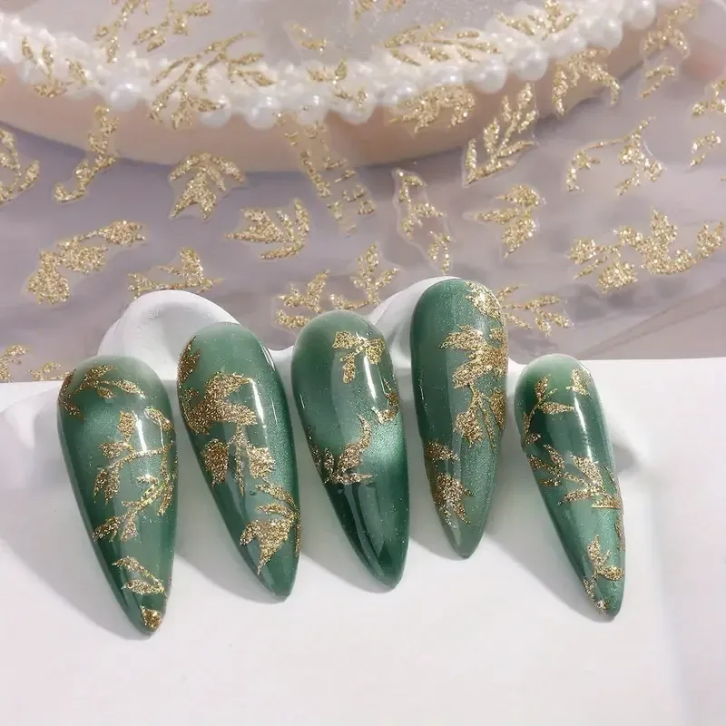 3D золотые стикеры для ногтей – блестящие листья и веточки, самоклеящийся декор для маникюра Киев - изображение 5