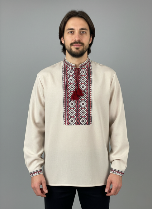 Мужская вышиванка из габардина с красно-черным орнаментом. Киев - изображение 1