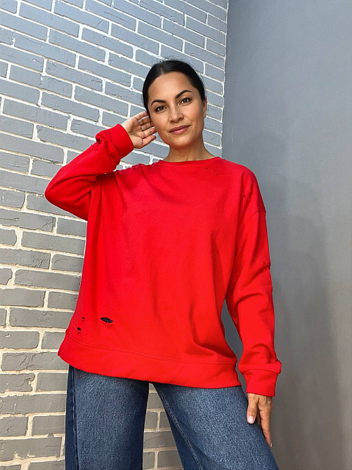 Свитшот женский Joy One 6969 оверсайз удлиненный однотонный порезы one size красный, красный, one size Киев - изображение 5