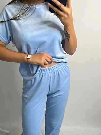 Пижама-комплект (футболка+шорти+штаны) из плюшевого велюра Голубой М Харьков