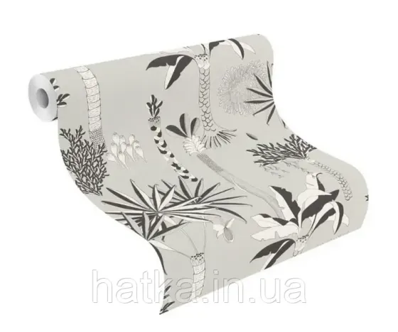 Шпалери вінілові на флізеліні Rasch Clasik 0,53х10 дитячі екзотичні дерева пальми квіти листя чорне на сірому Київ