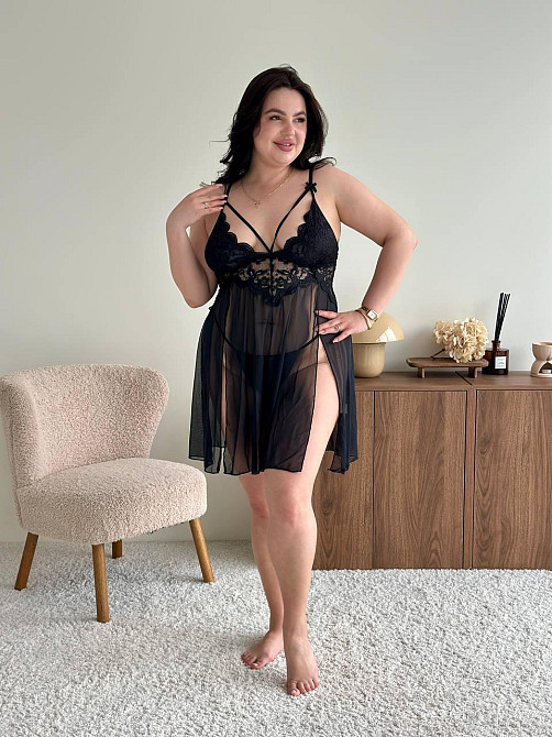 Еротичний пеньюар великих розмірів plus size прозорий з мереживом короткий з м'якими чашечками на бретелях з трусиками чорний 2XL Одеса - фото 7