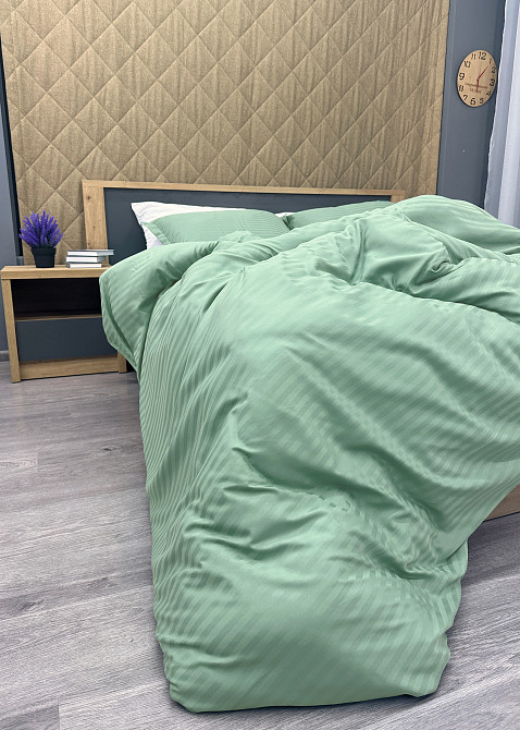 Комплект постільної білизни Страйп-сатин Євро 200х230 з простирадлом на резинці М'ятний (88-174) Київ - фото 8