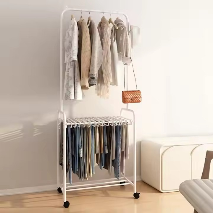 Стелаж вішалка для штанів і одягу з обвув'ю та аксесуарів, пересувний з поперечиною для тремпелів, колір білий Кам'янець-Подільський - фото 1