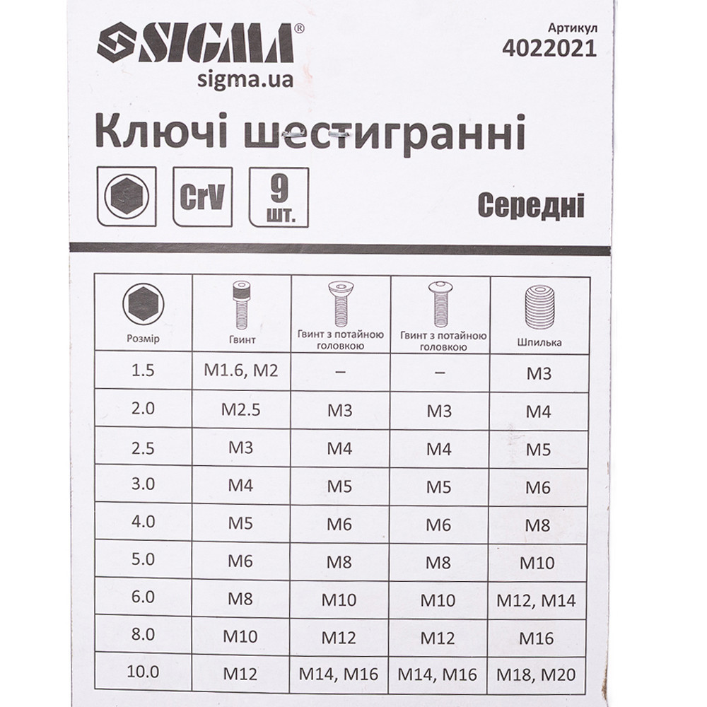 Ключи шестигранные 9шт 1.5-10мм CrV (средние) SIGMA (4022021) Киев - изображение 7