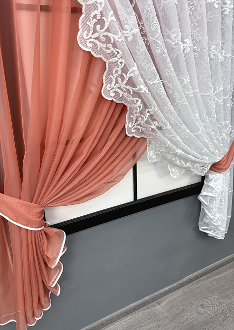 Кухонні шторки VR-Textil № 101к з підв'язками кораловий з білим 300х170 см (52-1223) Київ - фото 6
