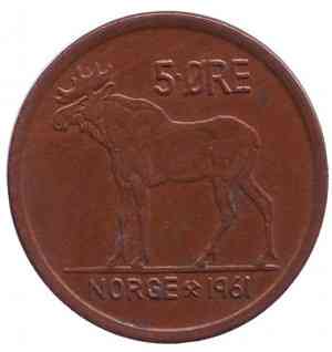 Лось. Монета 5 ері. 1958-73 рік, Норвегія. (ББ) Полтава