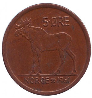 Лось. Монета 5 ері. 1958-73 рік, Норвегія. (ББ) Полтава - фото 1