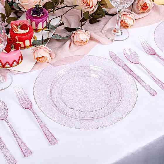 Набір тарілок пластикових круглі 4 шт, десертні 19 см і обідні 26 см, рожеві прозорі з блискітками Кам'янець-Подільський