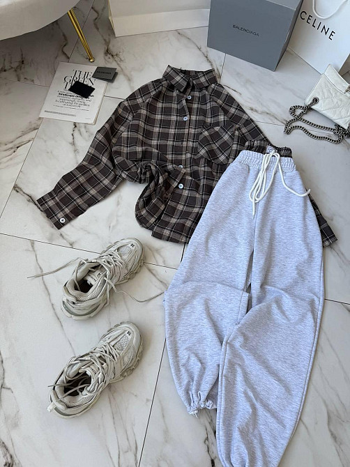 Женский стильный прогулочный костюм двойка: рубашка и штаны фланель + двунитка Шоколад, 42/46 Одесса - изображение 1