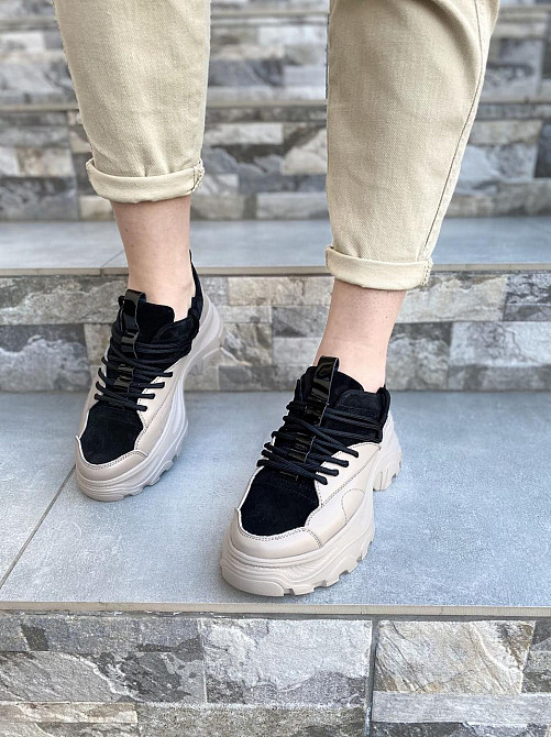 RONE Кросівки жіночі RONE 019 капучіно/чорні (весна-осінь, шкіра+замша натуральна) (2676) Коломия - фото 3