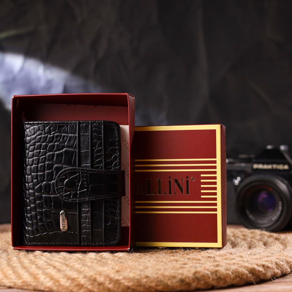 Компактный кошелек из натуральной кожи с тиснением под крокодила CANPELLINI 21684 Черный Киев - изображение 8