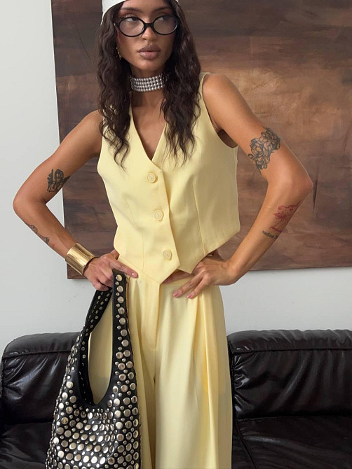 Жіночий стильний брючний костюм двійка: жилет і штани костюмка Лимонний, 44/46 Одеса - фото 3