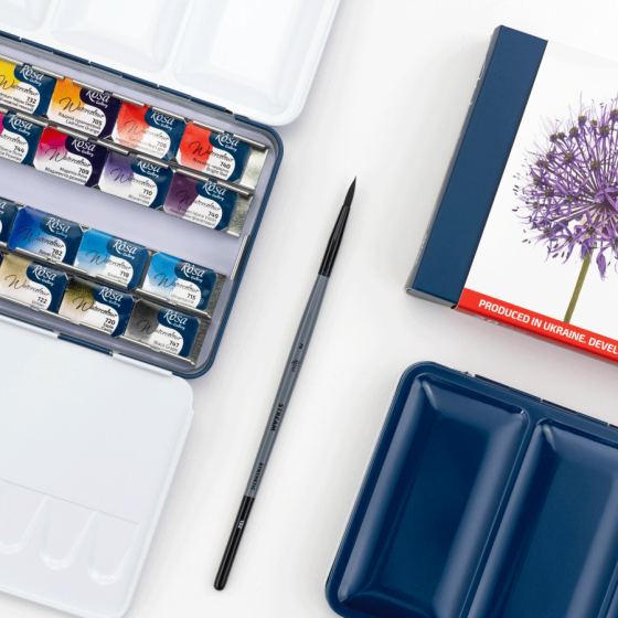 Набір акварельних фарб з пензлем BOTANICAL 28×2,5мл кювета Індіго металевий пенал ROSA Gallery Київ