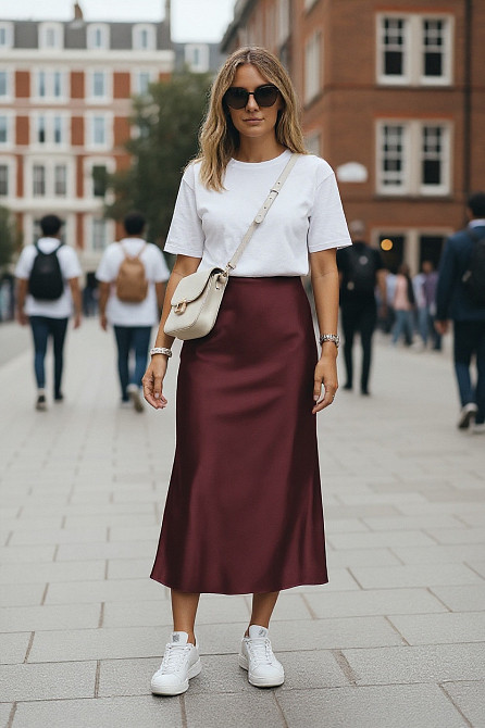 Женская атласная юбка миди А-силуэт на резинке Бордовый 46/48 Харьков - изображение 1